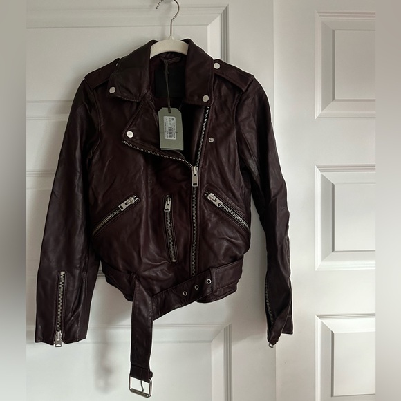 ALL SAINTS Balfern Biker Jacket in Deep‎ Berry Red Size 4 NWT - Picture 4 of 7
